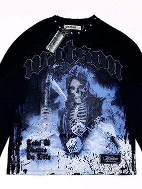 Men’s Black Graphic Long Sleeve Tee - Skeleton Scythe Design